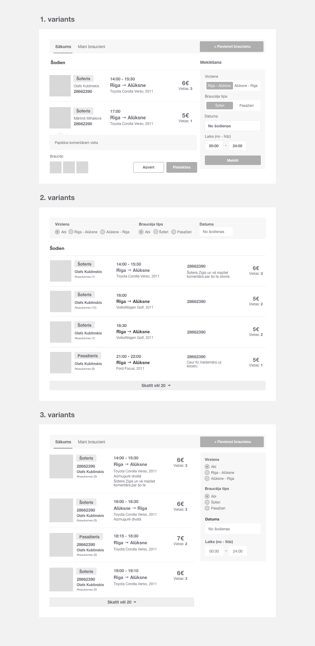 Braucam kopā wireframes